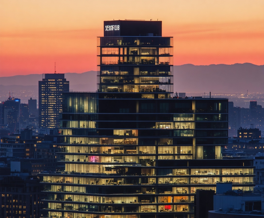 Sede corporativa moderna al atardecer